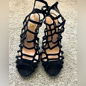 Black strappy cage high heel sandals, gladiator peep toe stiletto shoes, sz 8